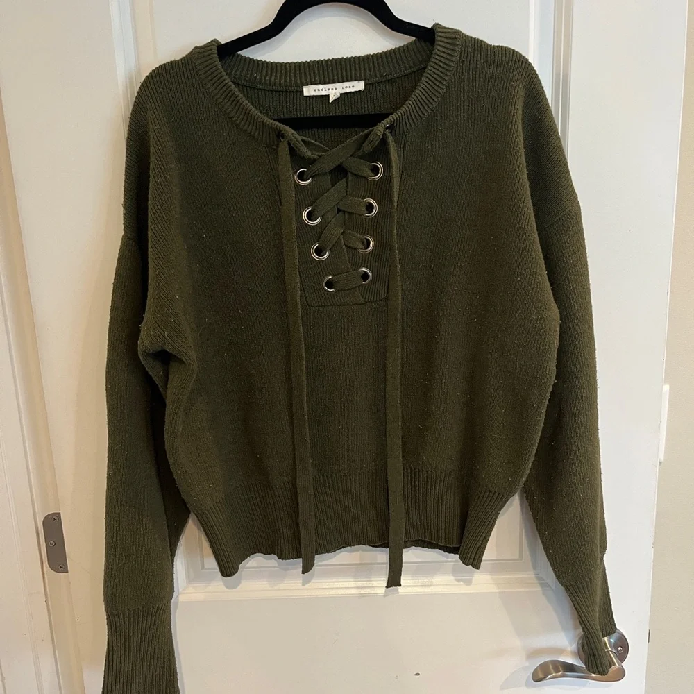 Endless Rose Olive Lace-Up Crewneck Sweater